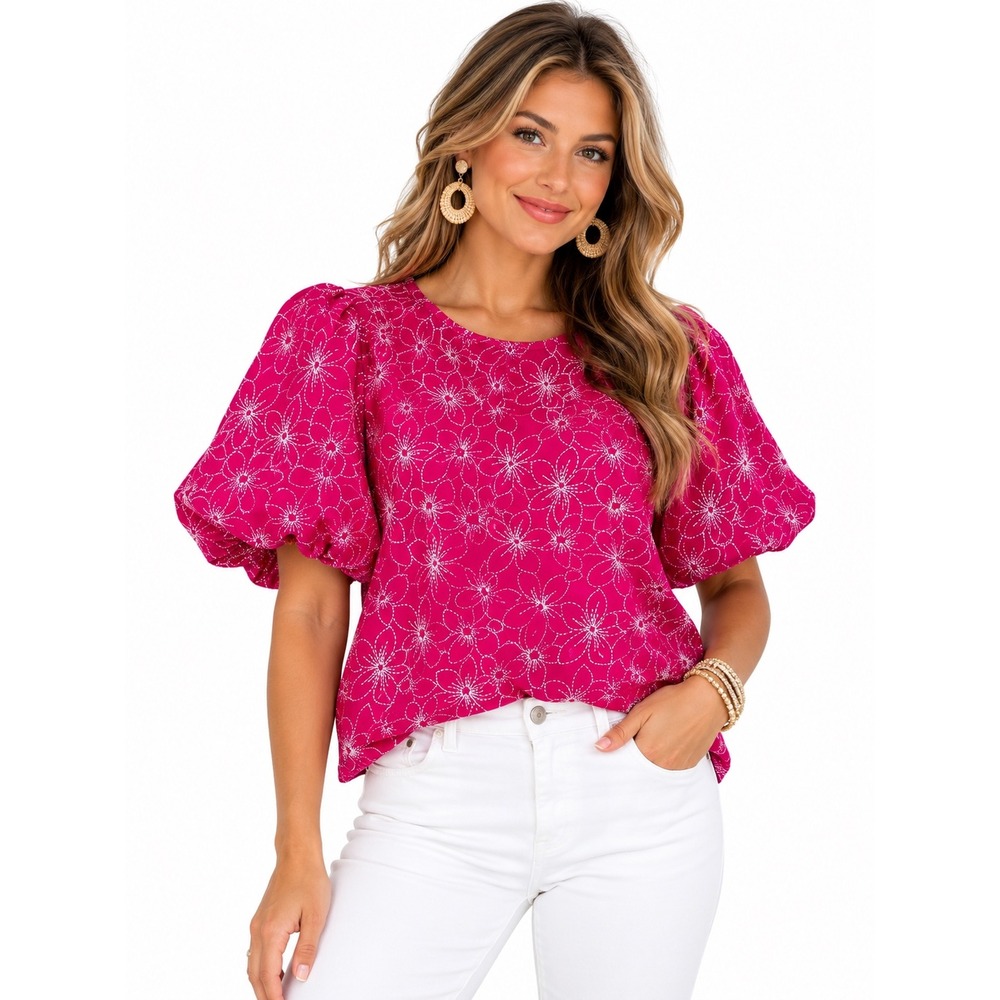 Kate Park Magenta Pink Floral Embroidered Puff Sleeve Top M Barbiecore Preppy